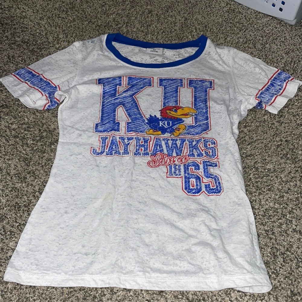 Slightly see through KU T-shirt. Size medium (7/9)